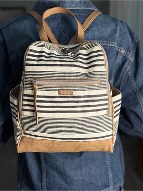 Relic Striped Black & Cream Canvas Backpack Purse with Tan Trim - EUC